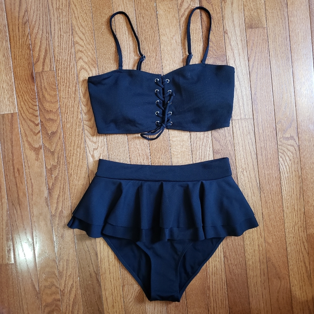Black Bikini with Lace up front and Skirt